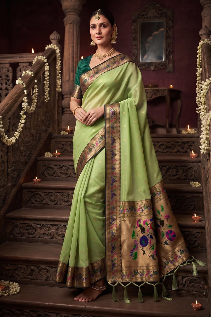 Golden Dew-Organza Silk (Semi) Saree with Minakari Zari Border & Designer Zari Pallu