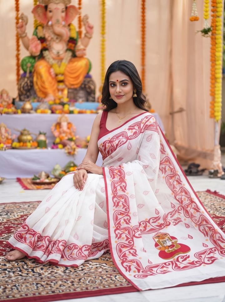 Ganesh Avahan Mul Cotton Saree with Print Work