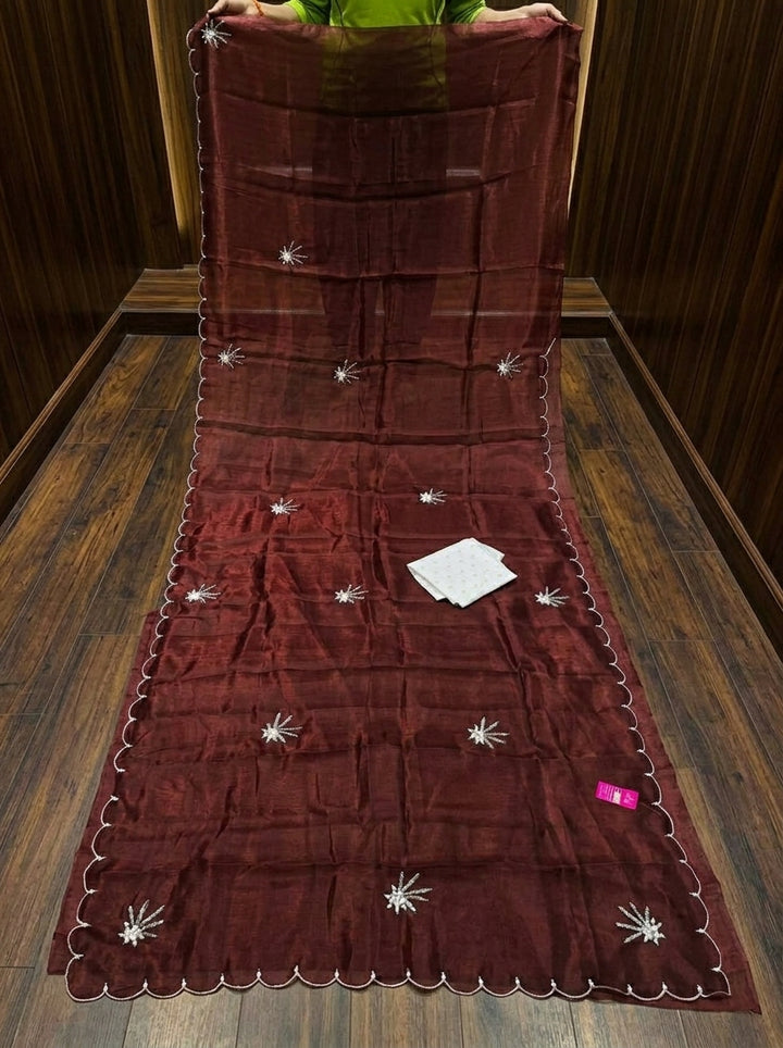 Pearl Bloom Organza Saree (Maroon)