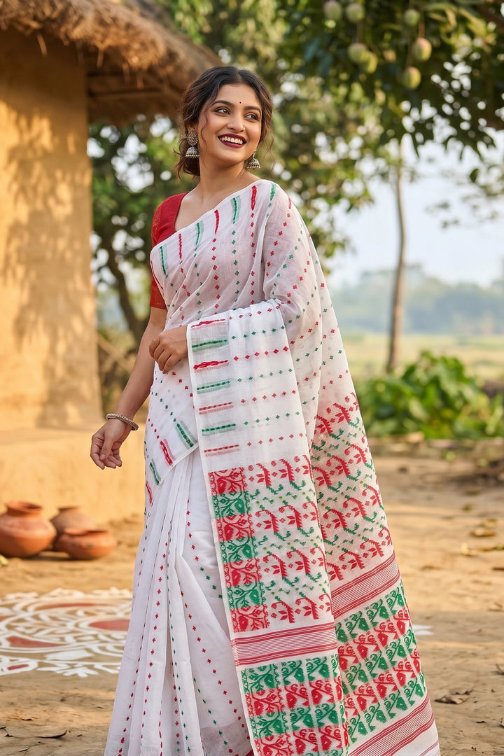 Shatarupa Bengal Jamdani Saree ( White Red Greeen)