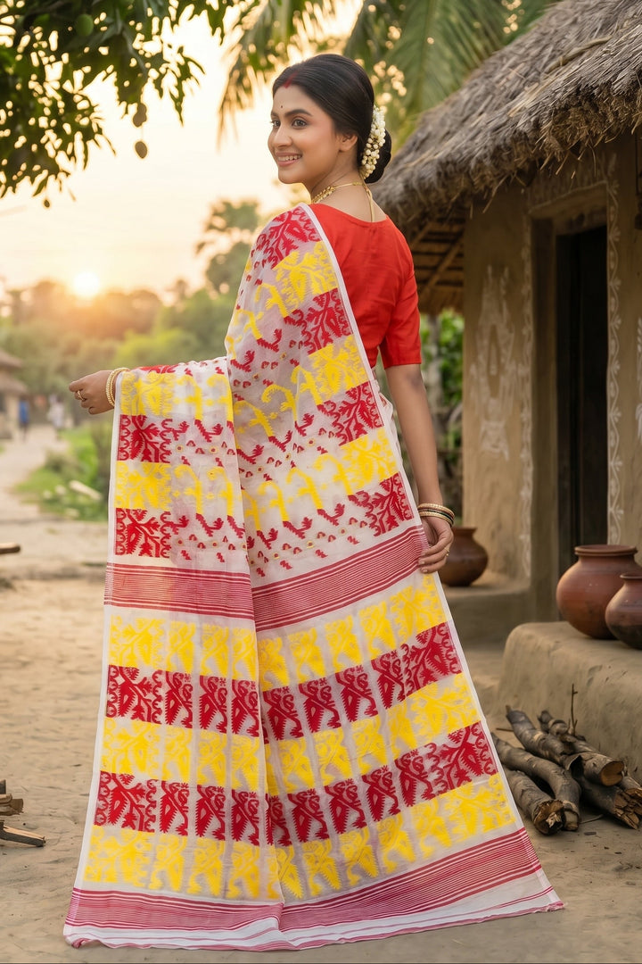 Shatarupa Bengal Jamdani Saree ( white red yellow)