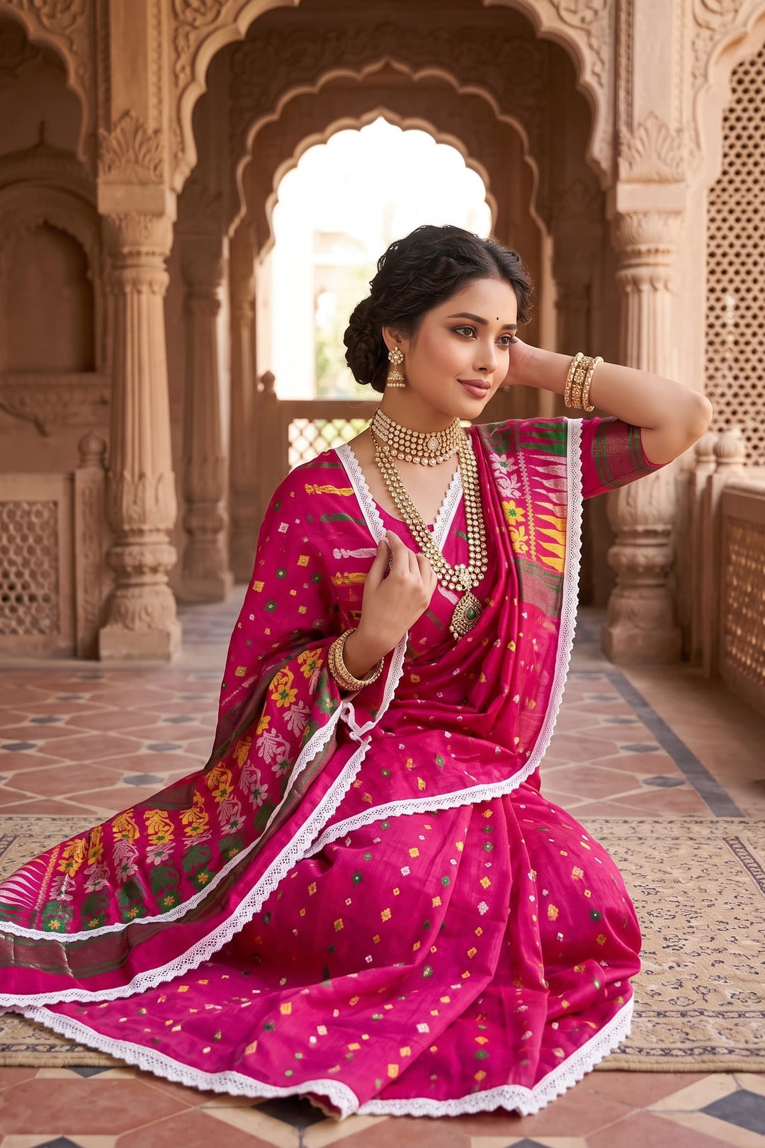 Binodini Bengal Jamdani Saree(Pink Green Yellow)