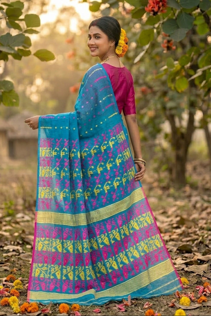Shatarupa Bengal Jamdani Saree(Blue,Pink & Yellow)