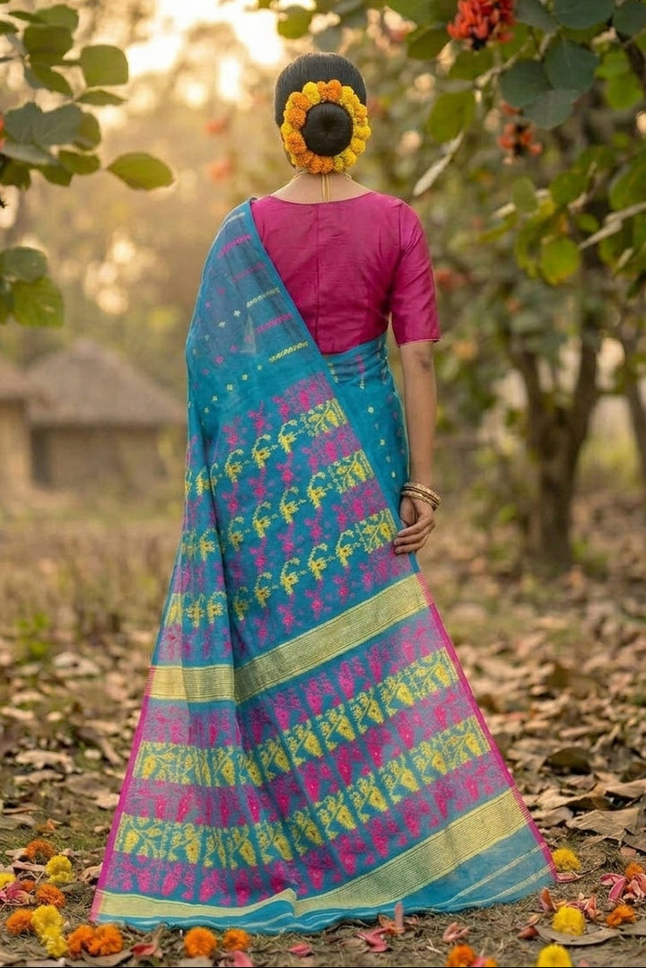 Shatarupa Bengal Jamdani Saree(Blue,Pink & Yellow)