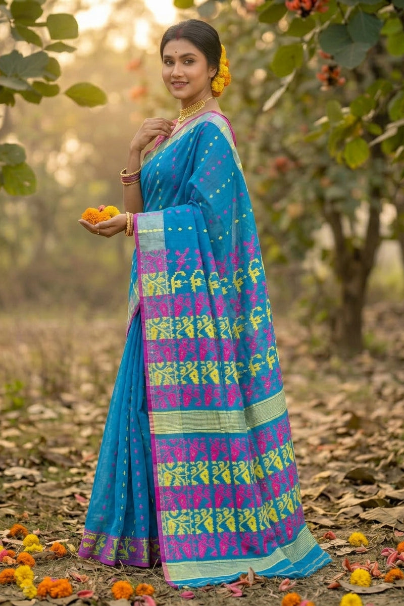 Shatarupa Bengal Jamdani Saree(Blue,Pink & Yellow)