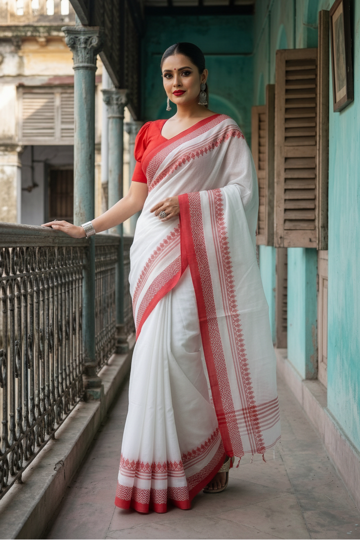 Graceful White Red Pure Cotton Saree