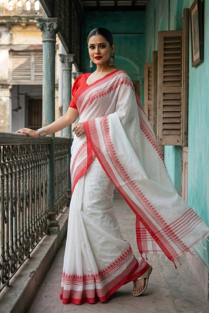 Graceful White Red Pure Cotton Saree