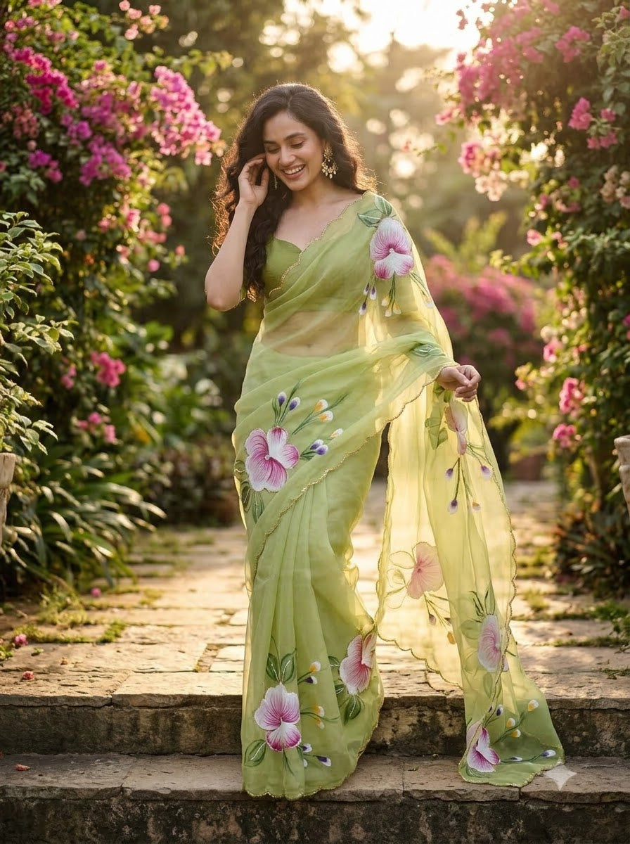 Flowers for Her Soul – Chiffon Handwork Saree with Khatli Work