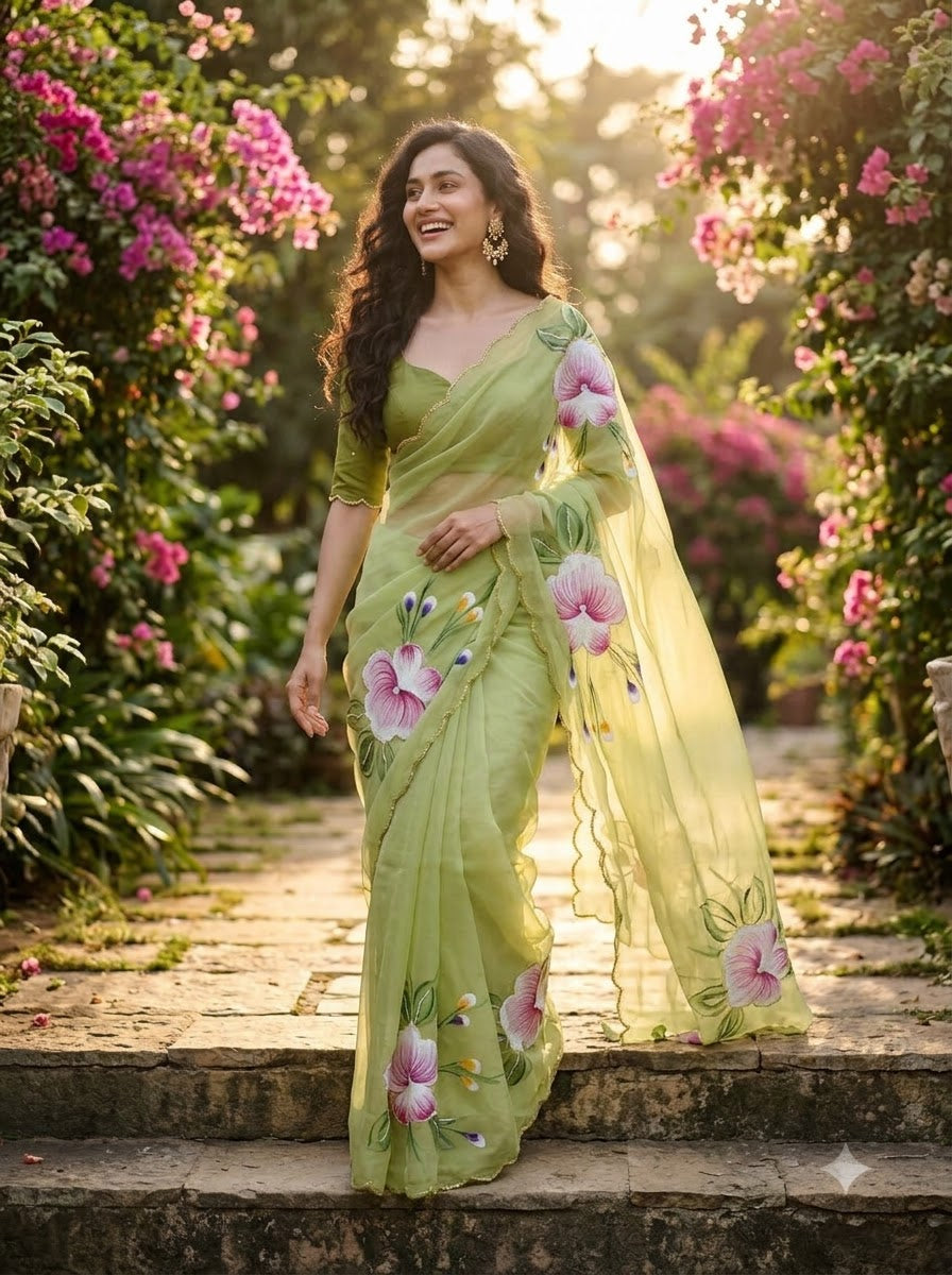 Flowers for Her Soul – Chiffon Handwork Saree with Khatli Work