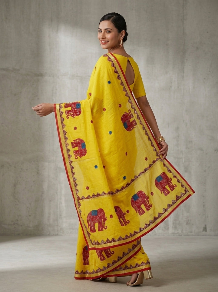 Rajhasti Khadi Linen Appliqué Work Saree