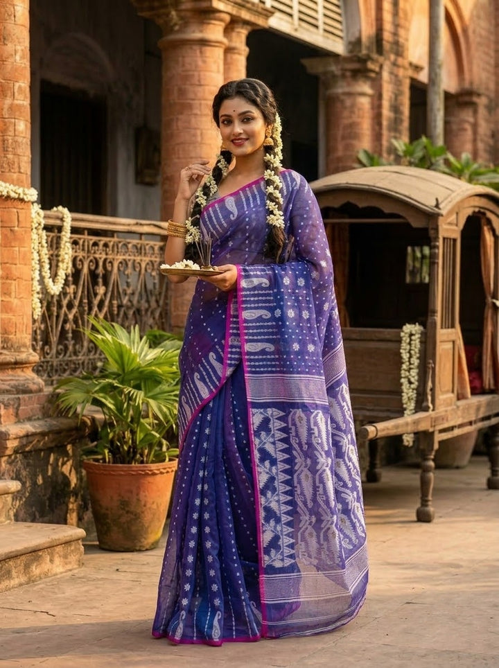 Moner Alo-Bengal Jamdani Saree (Purple, Pink Border)