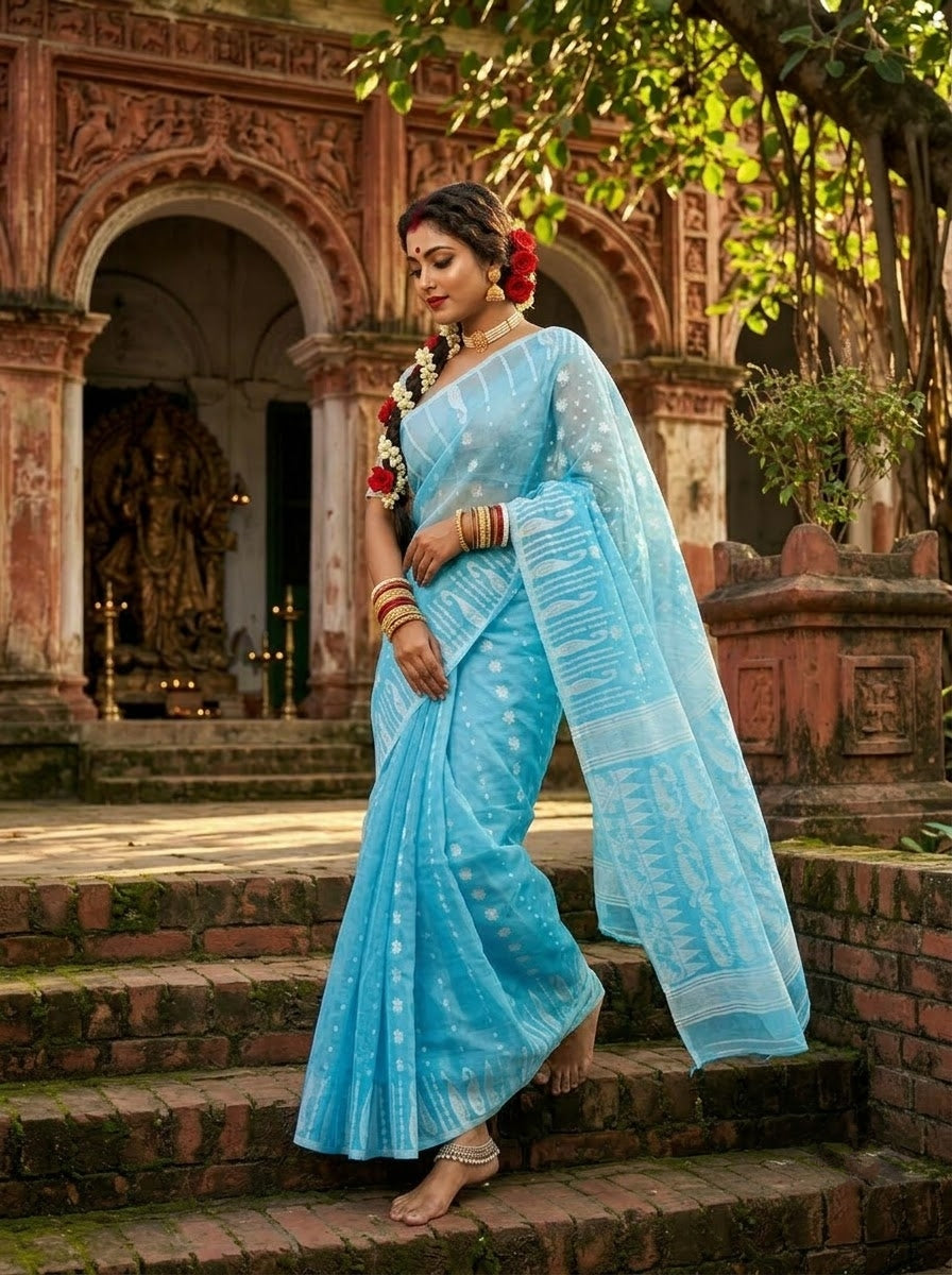 Moner Alo-Bengal Jamdani Saree (Light Sky)