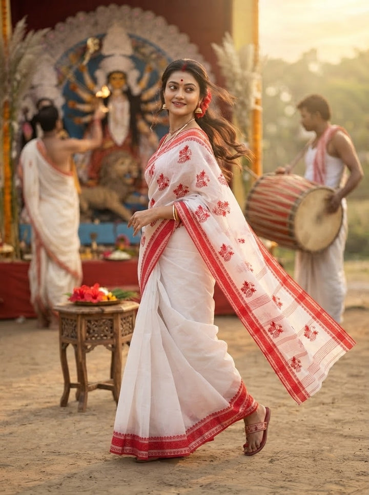 Ashtami Tangail Tant Cotton Saree (Peacock Embroidery)