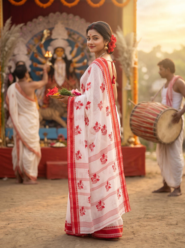 Ashtami Tangail Tant Cotton Saree (Peacock Embroidery)