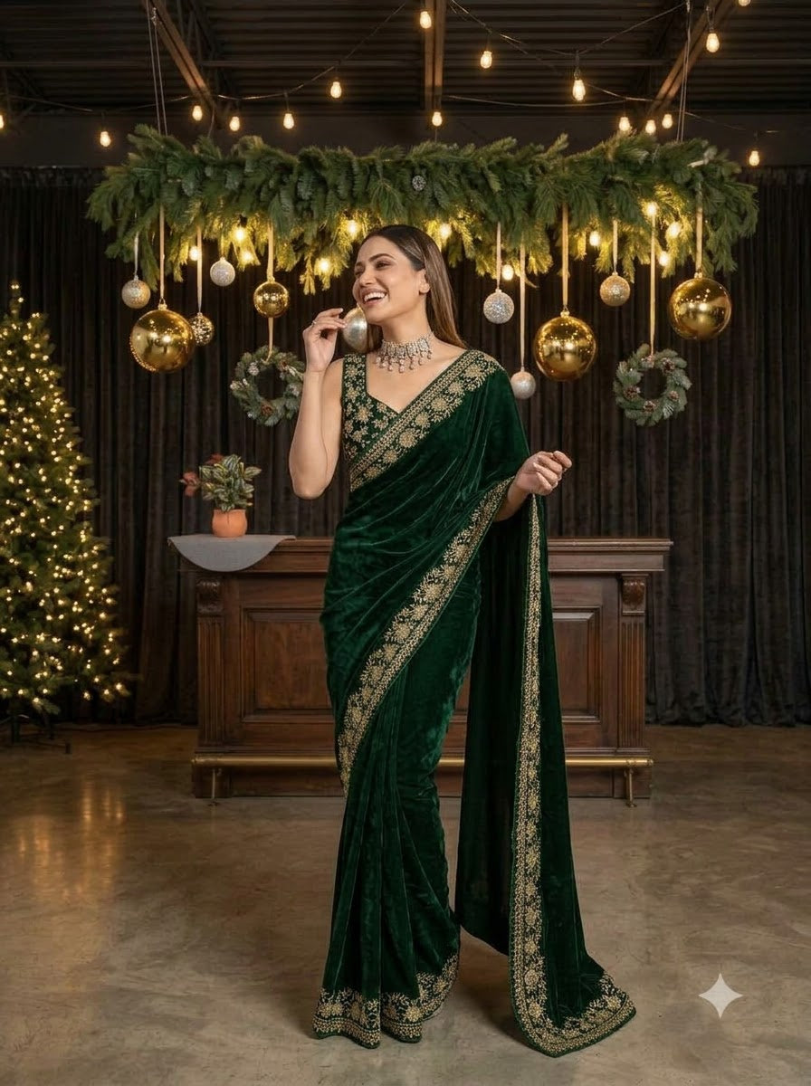 Silence of Luxury Viscose Velvet Sequin Embroidered Saree