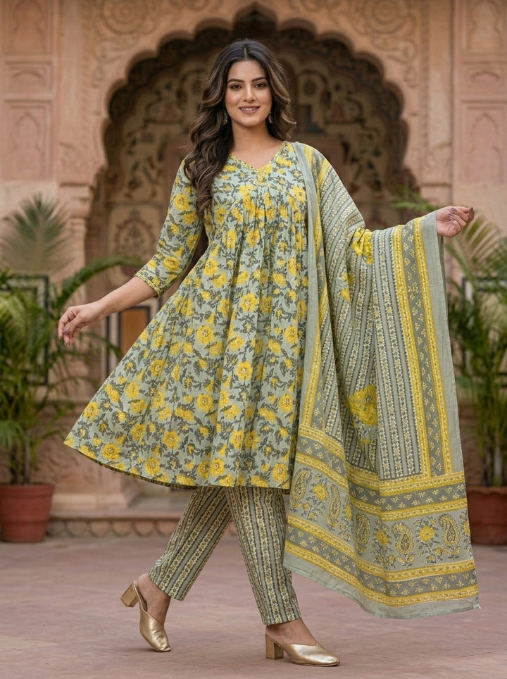 Ethnic Crush - The Jaipuri Kurti Set (Emerging Green And Yellow )
