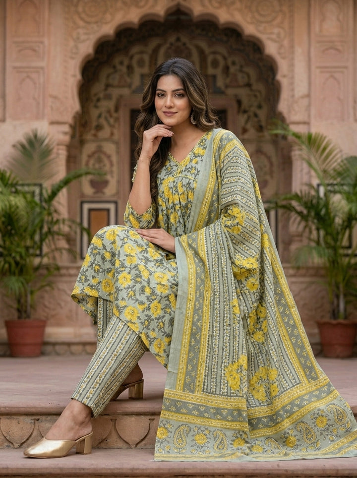 Ethnic Crush - The Jaipuri Kurti Set (Emerging Green And Yellow )