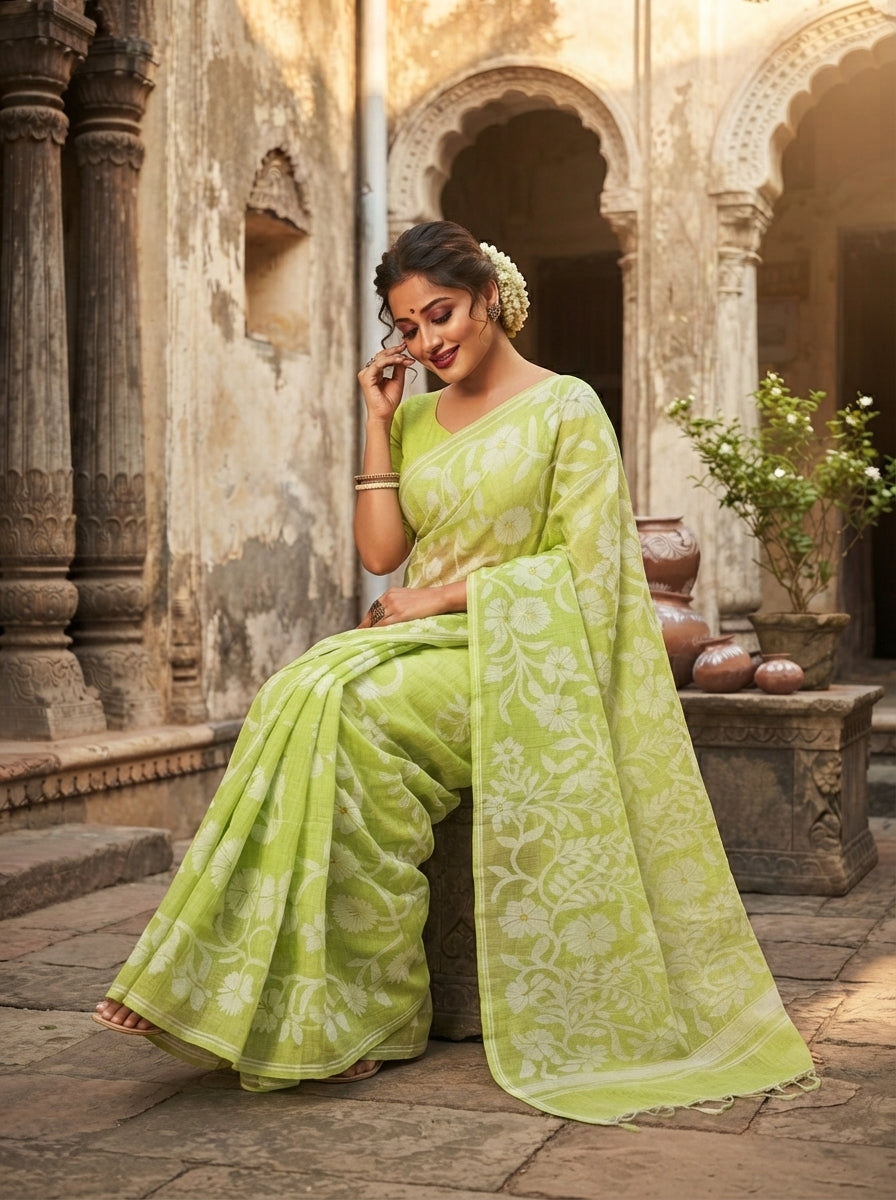 Pushpalata- Flowering Vines Cotton Jamdani Saree