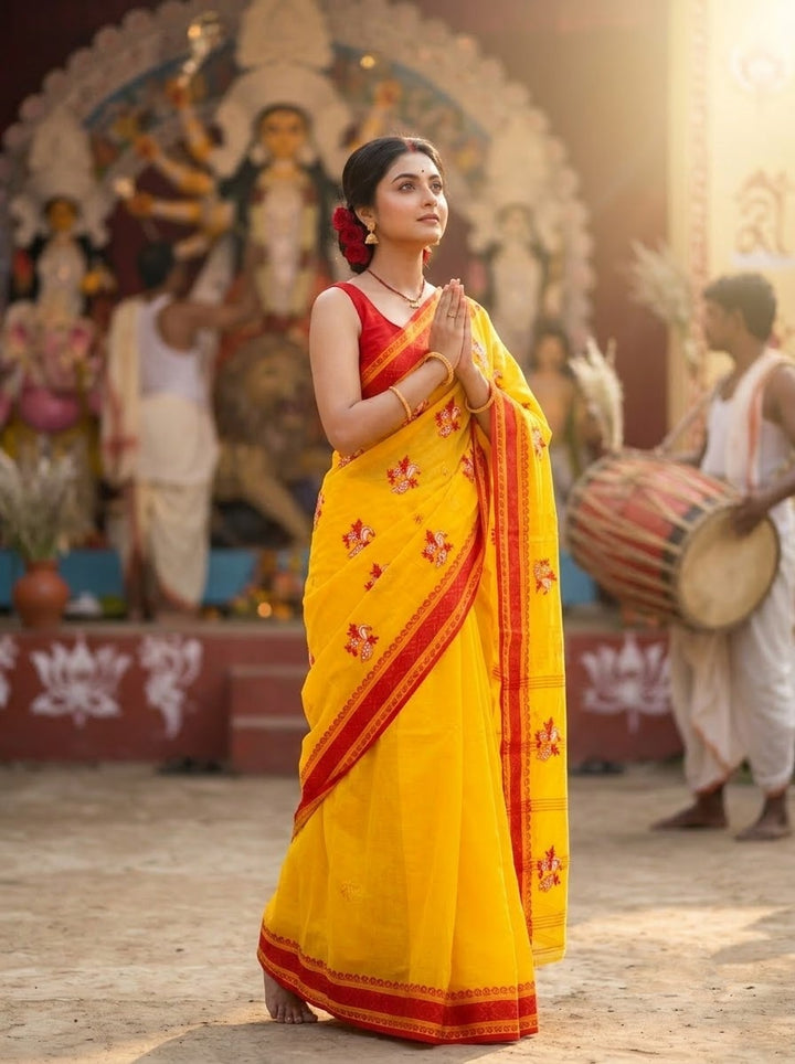 Ashtami Tangail Tant Cotton Saree (Peacock Embroidery)