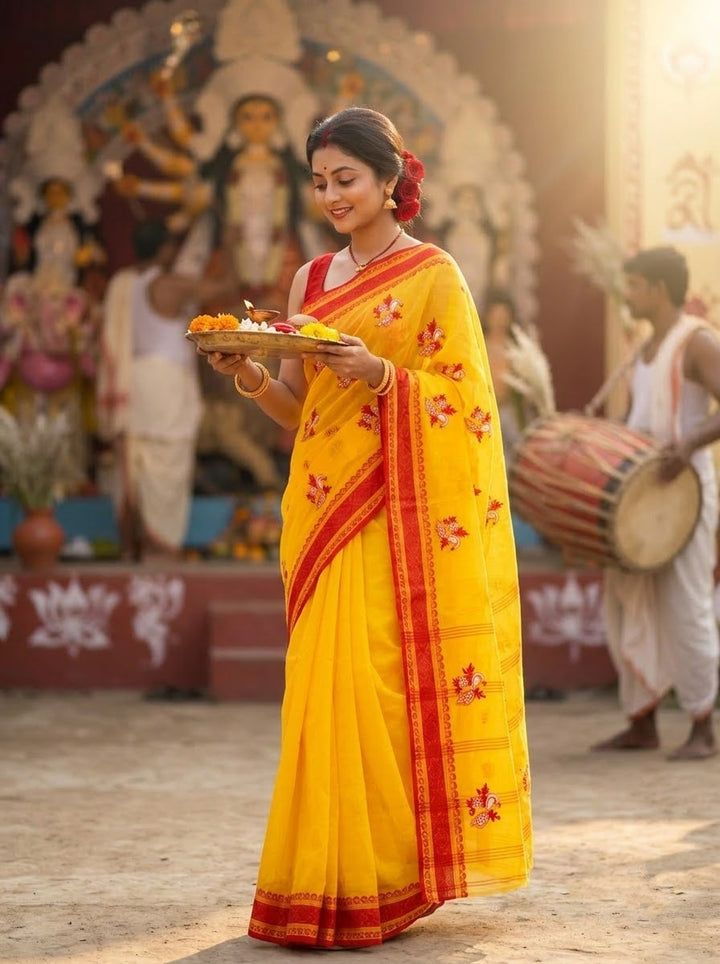 Ashtami Tangail Tant Cotton Saree (Peacock Embroidery)