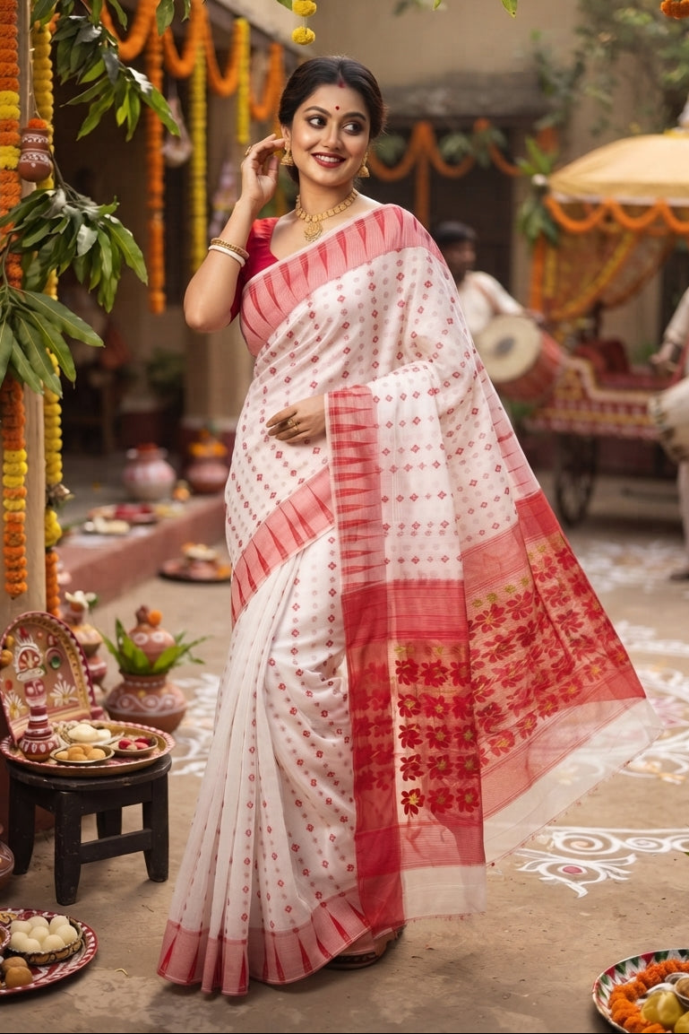 Suranjali Bengal Jamdani Saree (Red White)