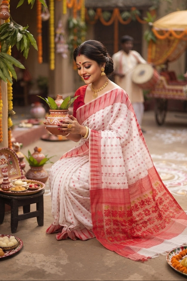 Suranjali Bengal Jamdani Saree (Red White)