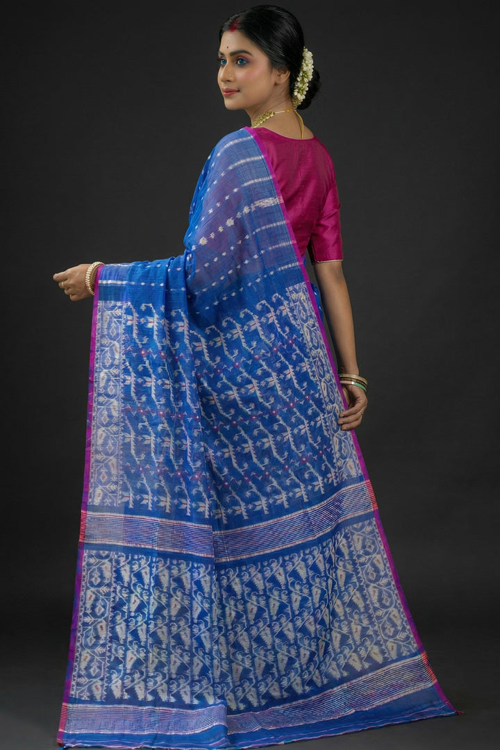 Shatarupa Bengal Jamdani Saree (Blue Saree, Pink Border)