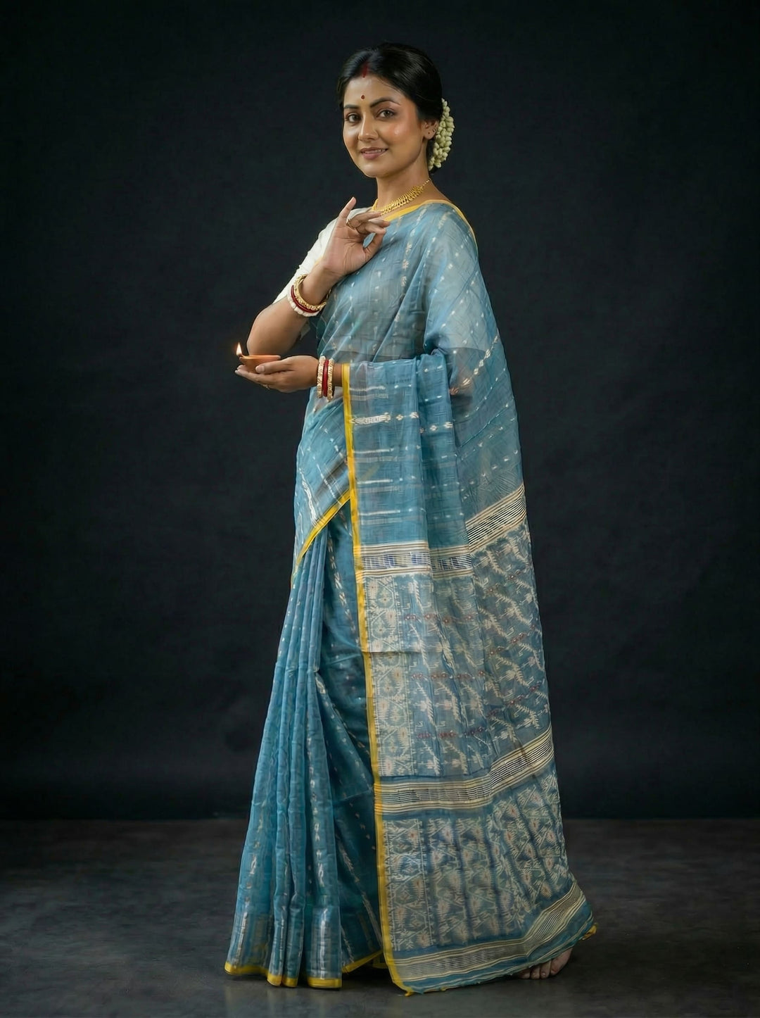 Shatarupa Bengal Jamdani Saree (Sky and Yellow)