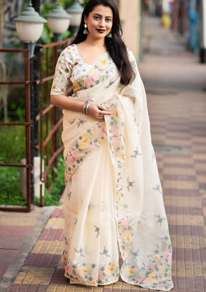 Pleasant Off-White Linen Saree