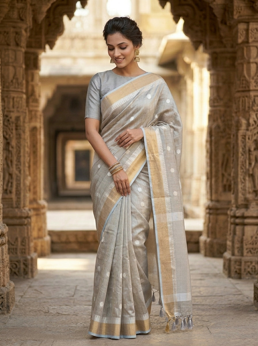 Pearl Weave Tissue Linen Saree (Grey)