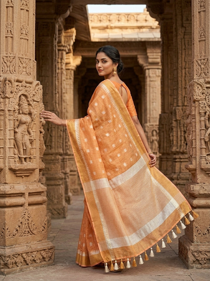 Pearl Weave Tissue Linen Saree (Orange)