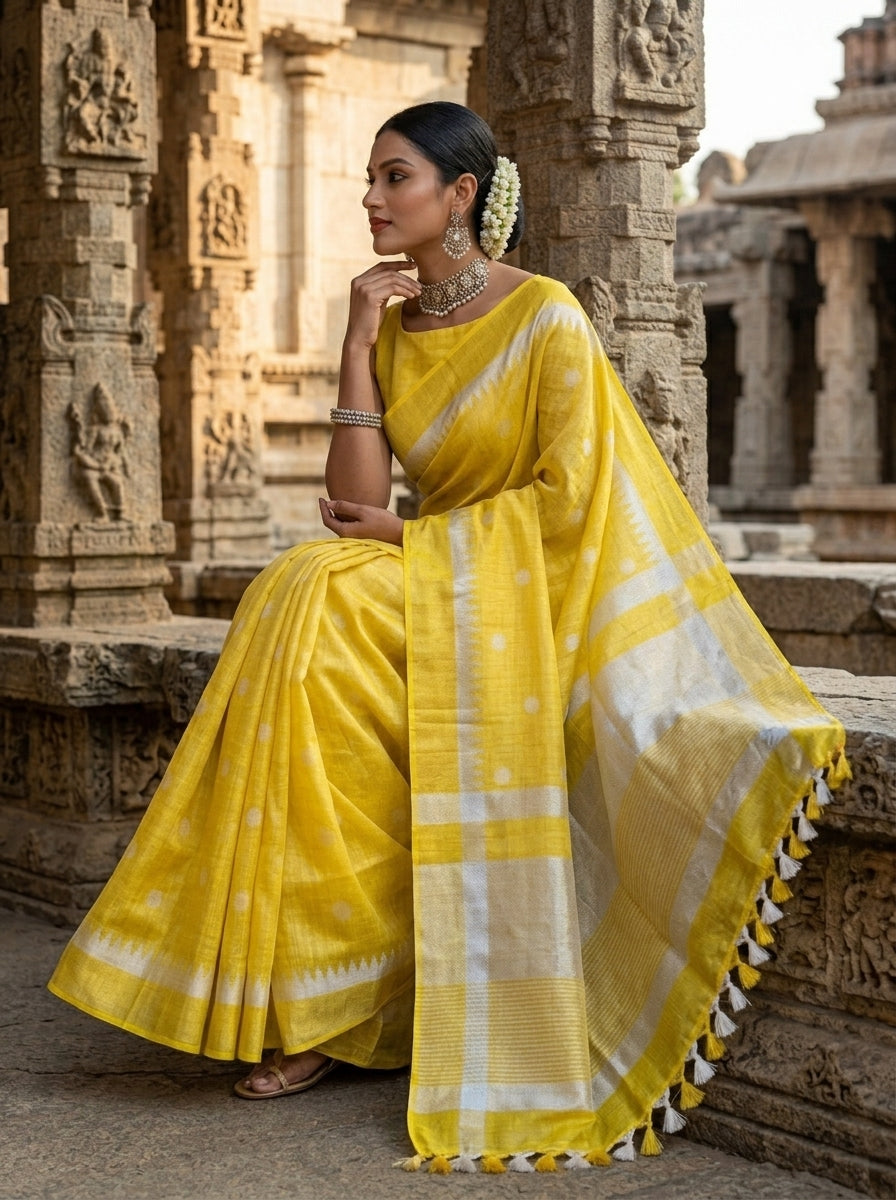 Pearl Weave Tissue Linen Saree (Yellow)