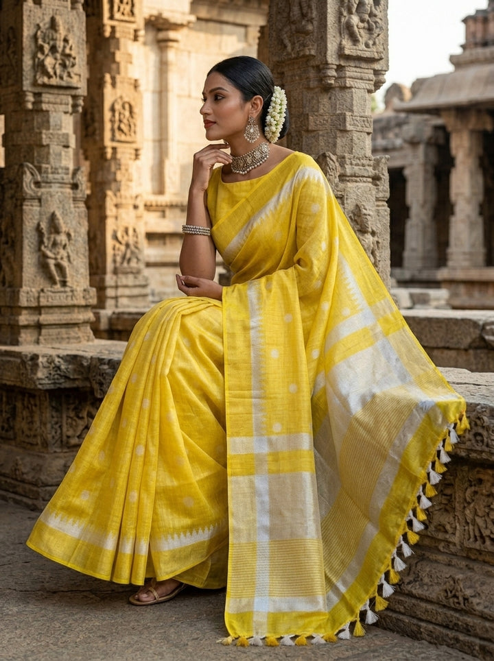 Pearl Weave Tissue Linen Saree (Yellow)
