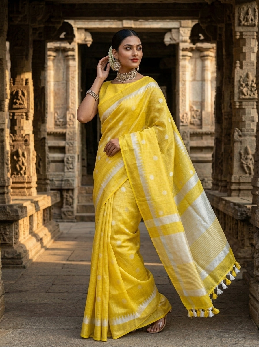 Pearl Weave Tissue Linen Saree (Yellow)