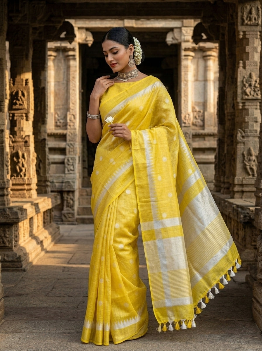 Pearl Weave Tissue Linen Saree (Yellow)