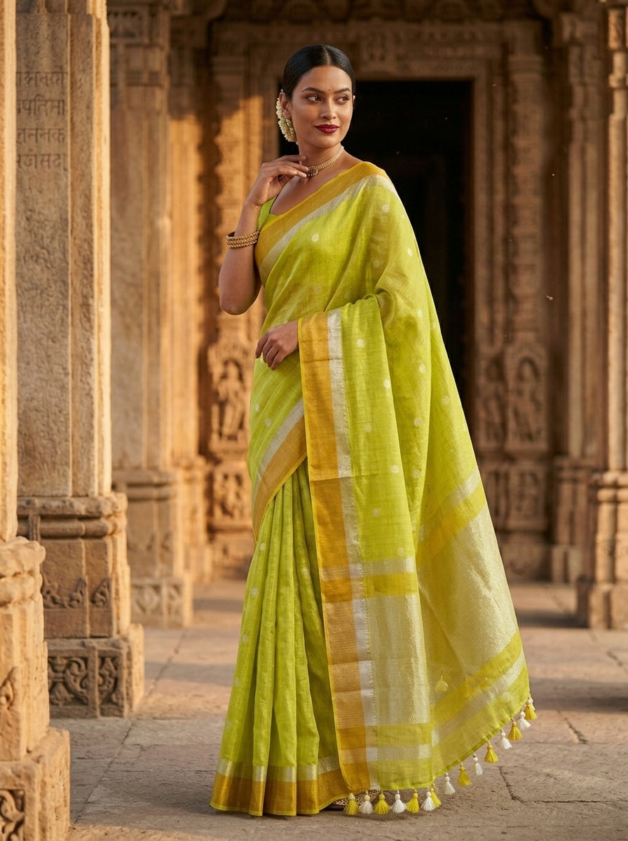 Pearl Weave Tissue Linen Saree (green)