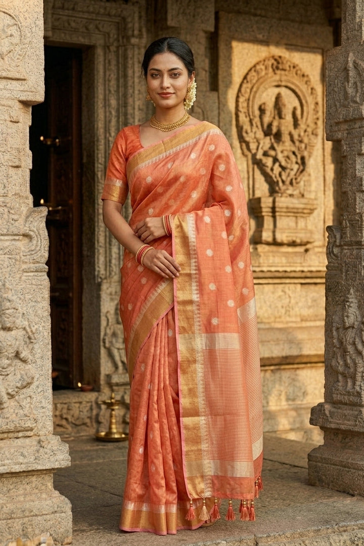 Pearl Weave Tissue Linen Saree (peach orange)
