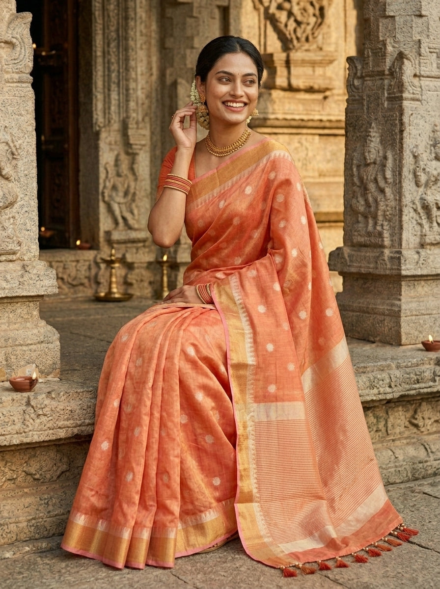 Pearl Weave Tissue Linen Saree (peach orange)