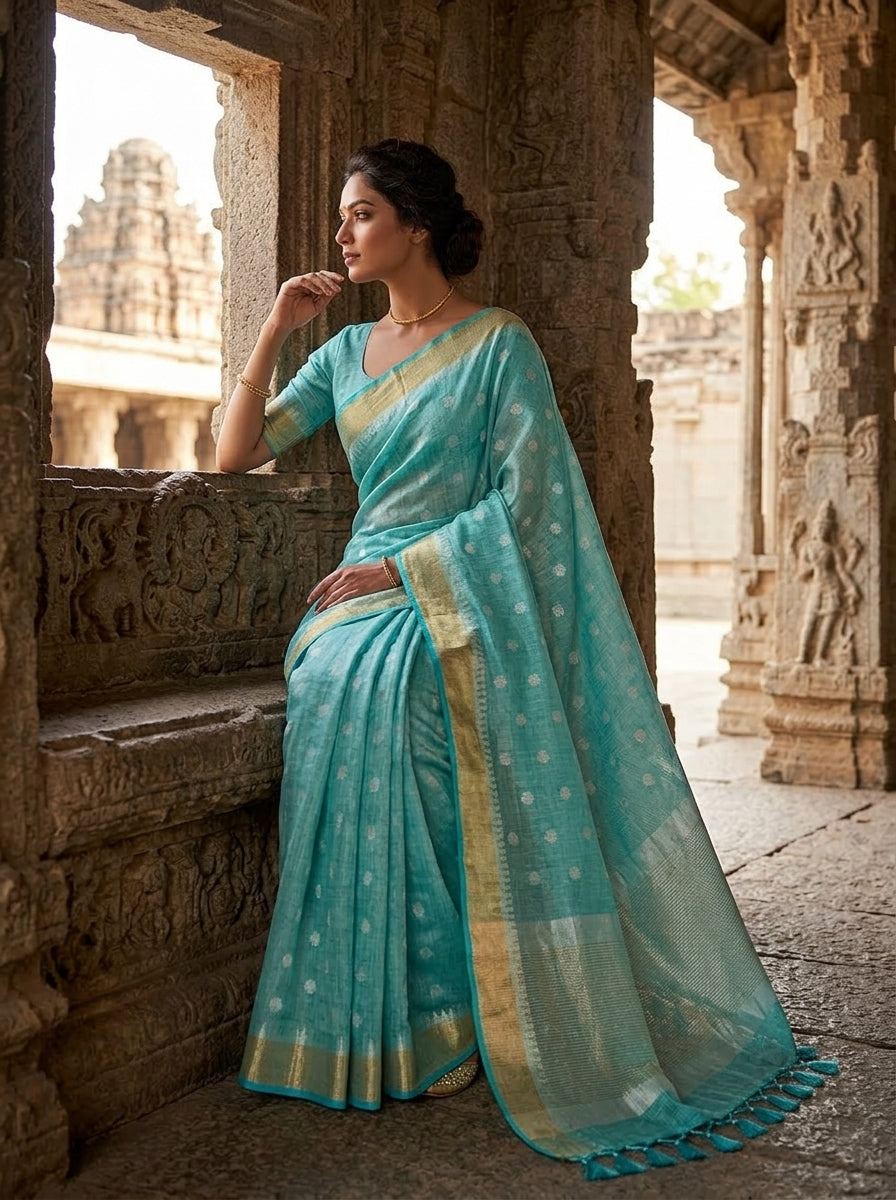 Pearl Weave Tissue Linen Saree (Blue)