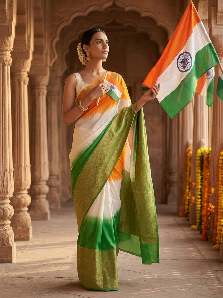 Azadi Aura Tricolour Banarasi Warm Soft Silk Saree with Rich Antique Zari Weaving