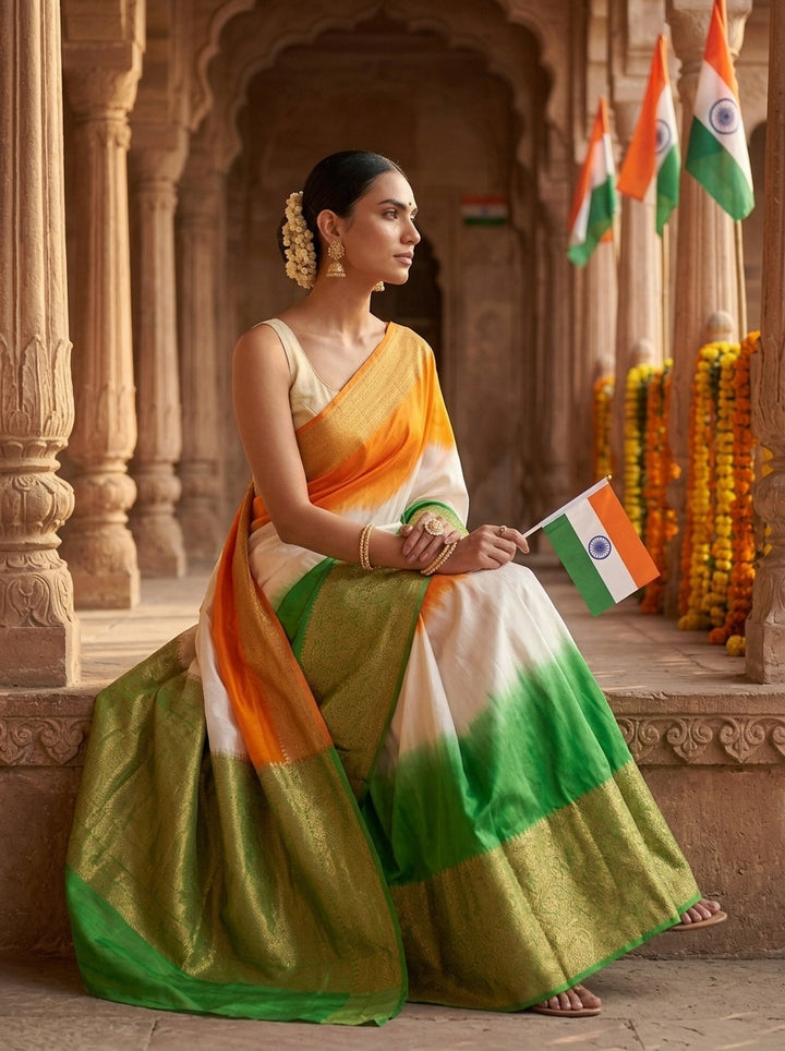 Azadi Aura Tricolour Banarasi Warm Soft Silk Saree with Rich Antique Zari Weaving
