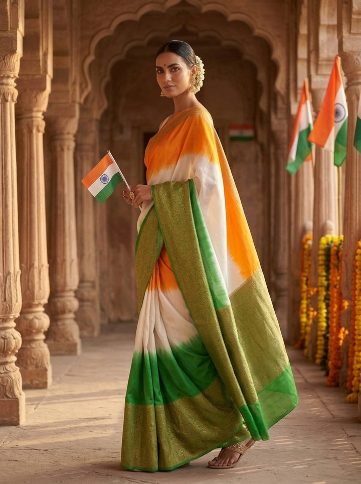 Azadi Aura Tricolour Banarasi Warm Soft Silk Saree with Rich Antique Zari Weaving