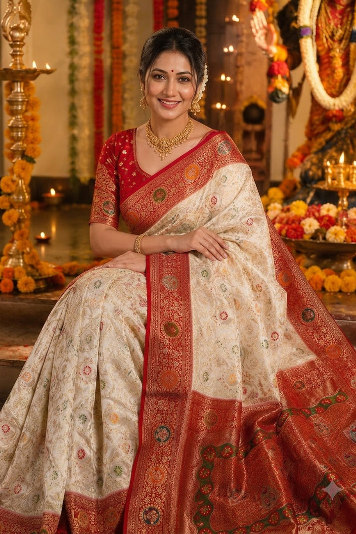 Shubho Shree Premium White Banarasi Silk Saree with Rich Red Border & Multicolor Woven Motifs