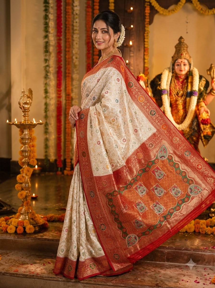 Shubho Shree Premium White Banarasi Silk Saree with Rich Red Border & Multicolor Woven Motifs