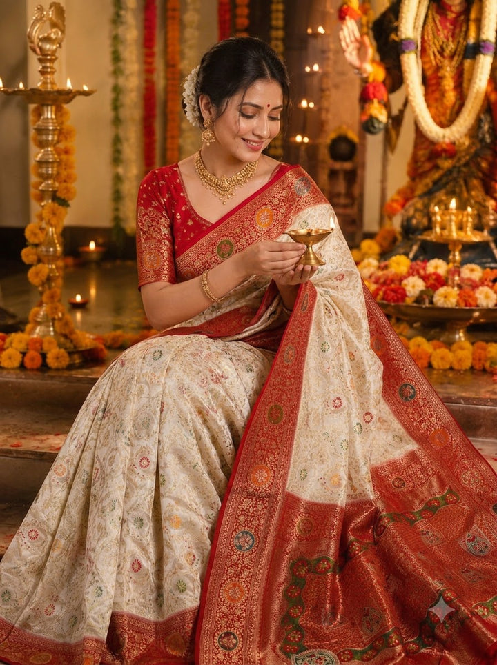 Shubho Shree Premium White Banarasi Silk Saree with Rich Red Border & Multicolor Woven Motifs