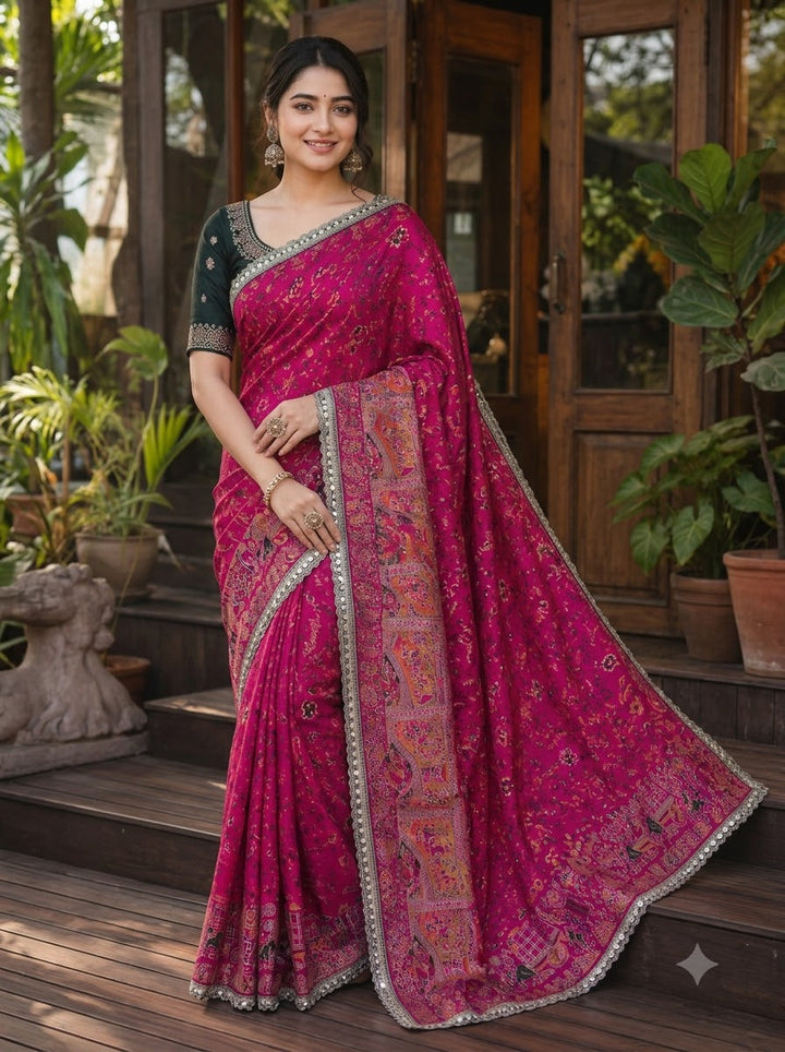 Rajwadi Noor Pashmina Silk Saree with Kashmiri Thread Weaving &amp; Heavy Zari Border