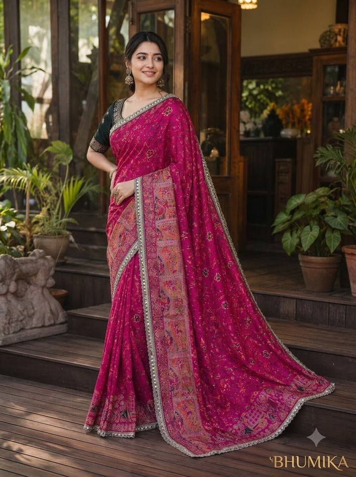 Rajwadi Noor Pashmina Silk Saree with Kashmiri Thread Weaving &amp; Heavy Zari Border