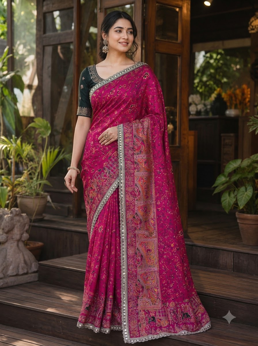 Rajwadi Noor Pashmina Silk Saree with Kashmiri Thread Weaving &amp; Heavy Zari Border