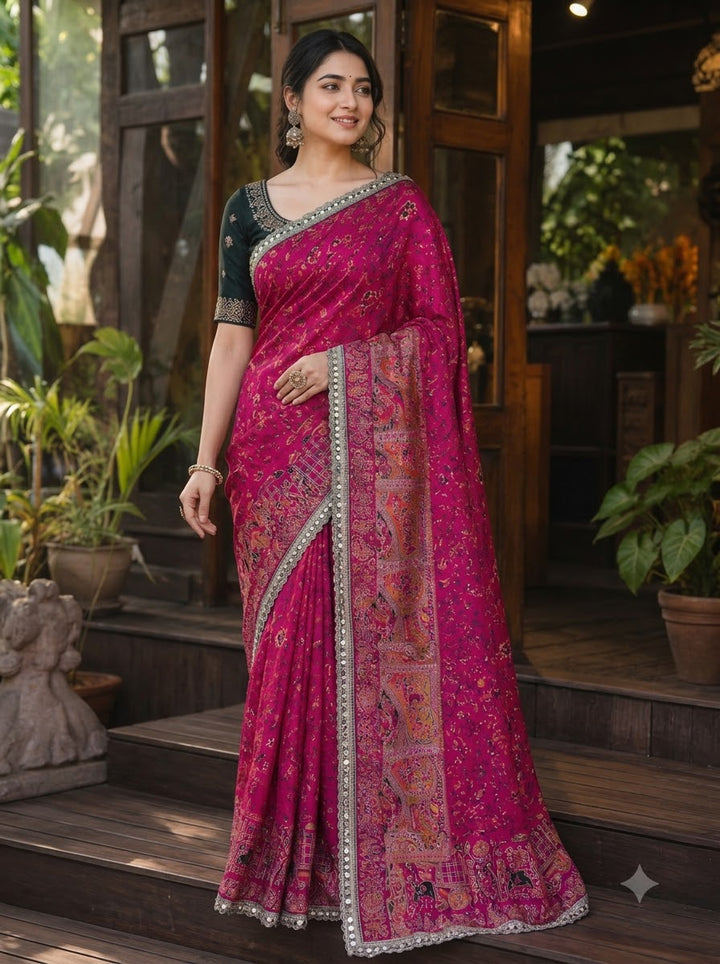 Rajwadi Noor Pashmina Silk Saree with Kashmiri Thread Weaving &amp; Heavy Zari Border