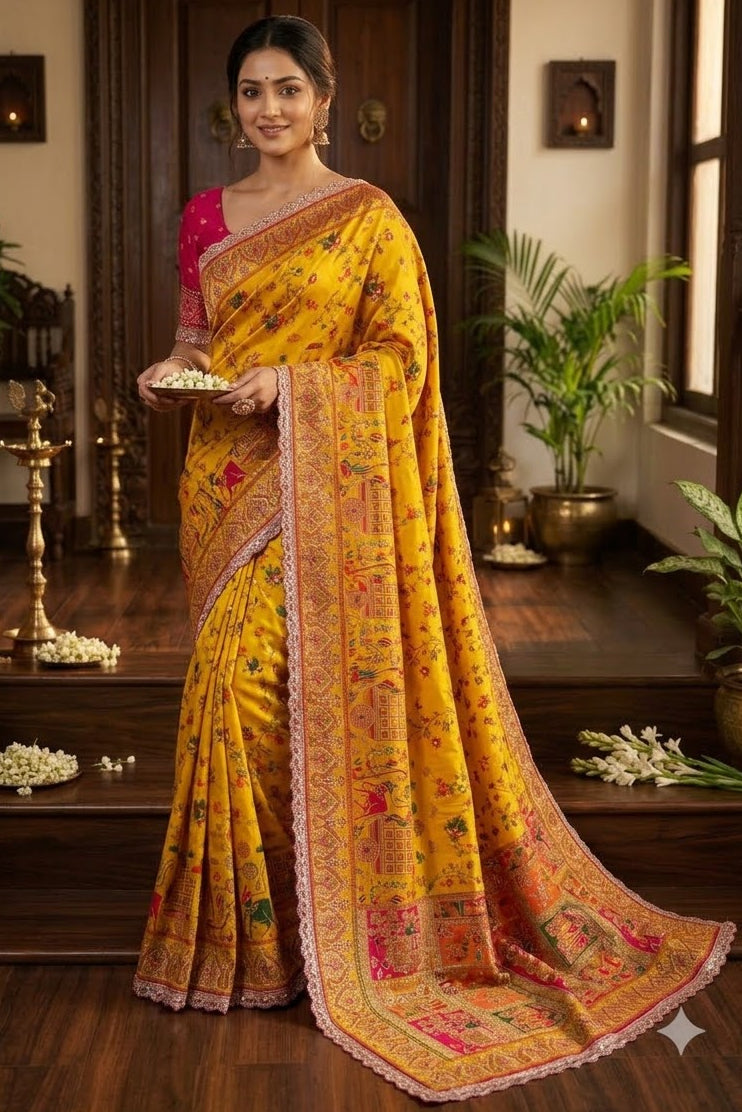 Rajwadi Noor Pashmina Silk Saree with Kashmiri Thread Weaving &amp; Heavy Zari Border (Copy)